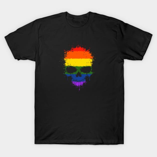 Chaotic Gay Pride Rainbow Flag Splatter Skull T-Shirt by jeffbartels